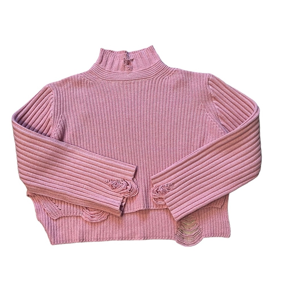 POL Chunky Mock Turtleneck Wide Sleeve Cropped Hi-Low Hem Distressed Sweater - Picture 10 of 16